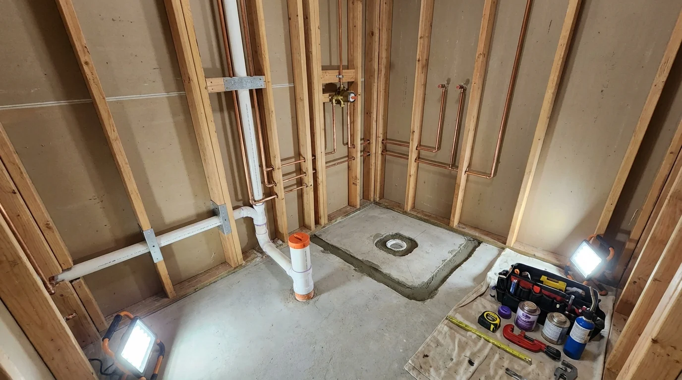Bathroom rough-in plumbing during remodel by Johns Plumbing LLC in Ballwin