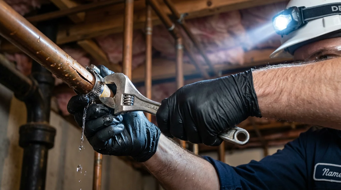 Emergency pipe clamp repair being performed by a Johns Plumbing LLC plumber in Ballwin